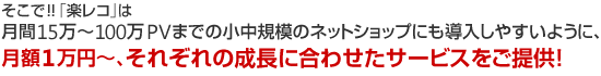 そこで！！「楽レコ」は月間15万～100万PVまでの小中規模のネットショップにも導入しやすいように、月額1万円～、それぞれの成長に合わせたサービスをご提供！